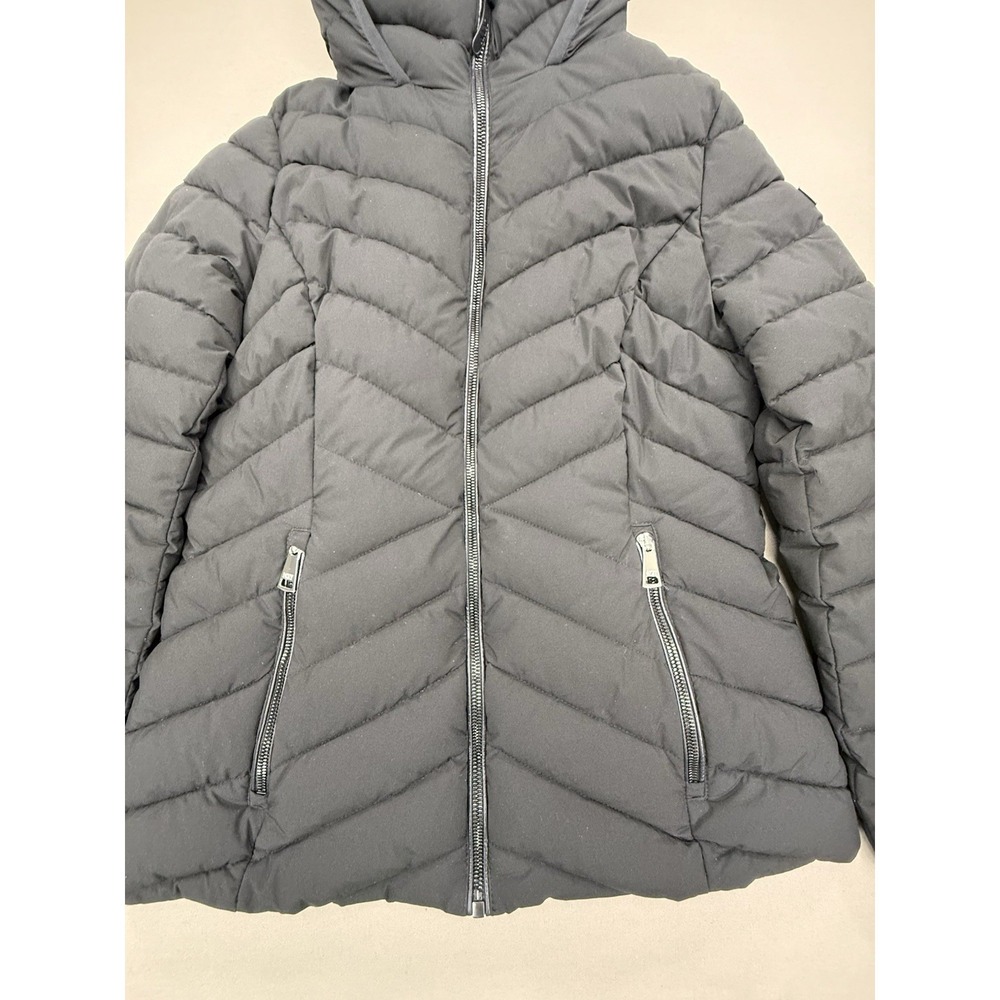 DKNY Jacket Women's Medium Black Hooded Full Double Zip Bib Front Water Resist - Picture 2 of 16